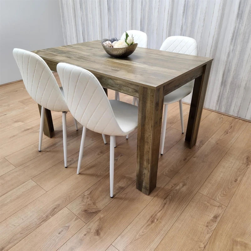 Image of KOSY KOALA KOSY KOALA Wooden Dining Table with 4 white Gem Patterned Chairs Rustic Effect Table with white Chairs in Brown Size: 140cm x 80cm Brown