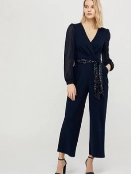 Monsoon Verity Blouson Sleeve Jumpsuit - Navy, Size 14, Women