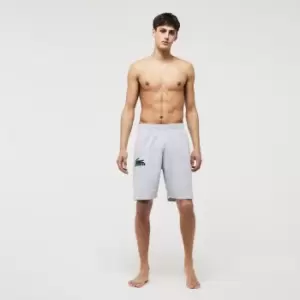 Image of Lacoste Mens Velour Crocodile Cotton Fleece Indoor Shorts Size 3 - S Grey Chine / Green