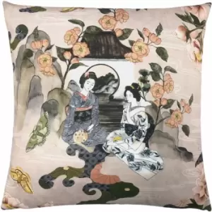 image of Paoletti Geisha Traditional Japanese Print 100% Cotton Cushion Cover, Blush, 50 x 50 Cm