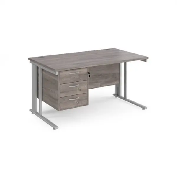 Image of Maestro 25 straight desk 1400mm x 800mm with 3 drawer pedestal - silver cable managed leg frame, grey oak top