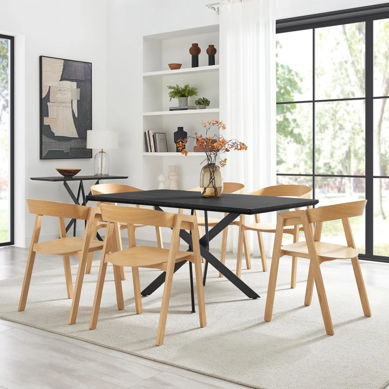 Image of FurnitureboxUK FurnitureboxUK Leonardo Black Top Dining Table & 6 Oak Masa Chairs Black One Size Unisex 5056784315446