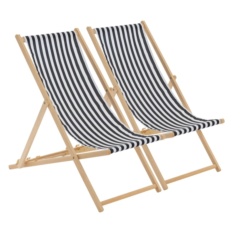 Image of Harbour Housewares Folding Wooden Deck Chairs Black Stripe Pack of 2 Black