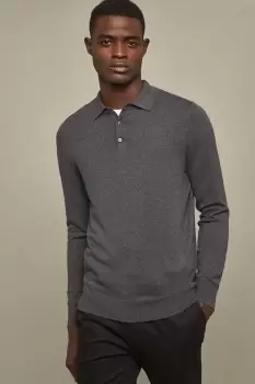 Image of Mens Cotton Rich Charcoal Long Sleeve Polo Shirt