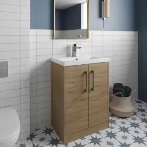 image of Hudson Reed Juno Floor Standing 2-Door Vanity Unit with Basin 3 600mm Wide - Autumn Oak