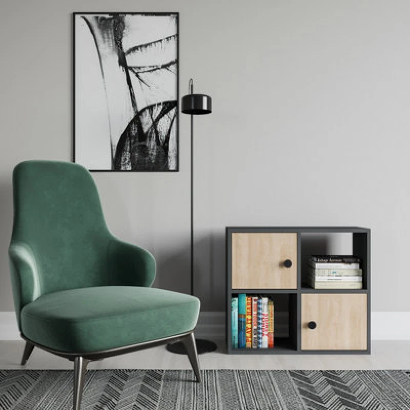 Image of Decorotika Tuttle 2-Tier And 2 Cabinets Bookcase Anthracite & Oak