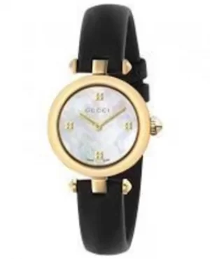 Image of Gucci Diamantissima Gold Plated Pearl Dial Leather Strap Womens Watch YA141505 YA141505