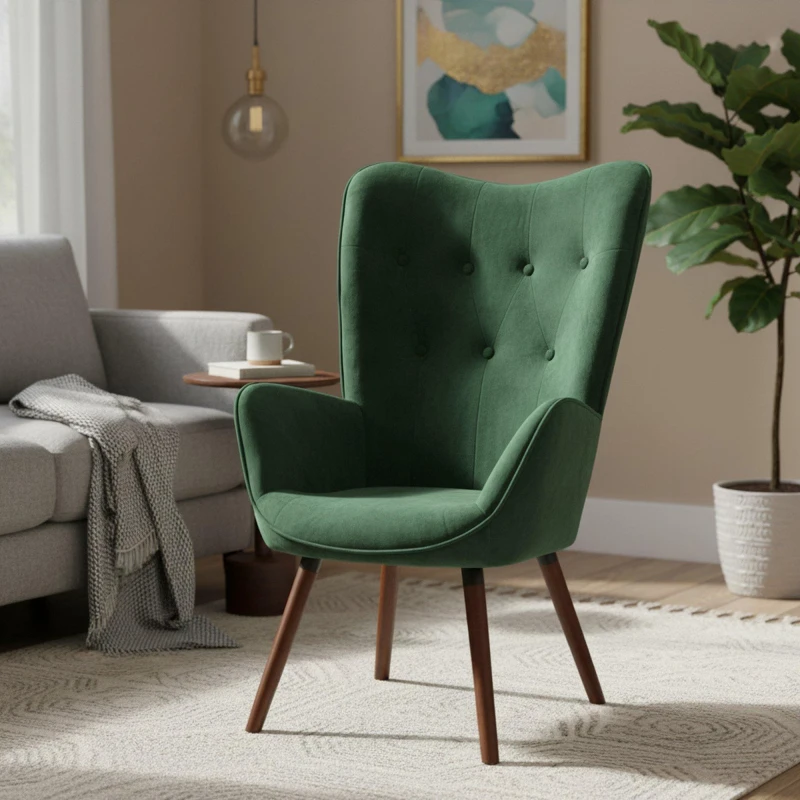 Image of Jack Wills Velvet Accent Chair with Arms Green Wingback Armchair with Button Tufted Backrest and Wood Legs Green Velvet unisex One Size