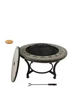 image of Gardeco Tile Mosaic Fire Bowl Table Inc Bbq Grill And Matching Closing Lid, In Contemporary Grey