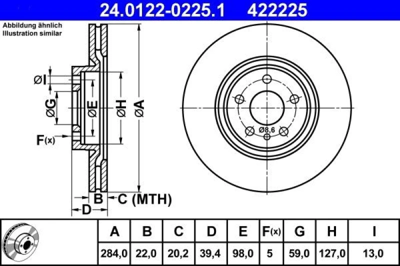Image of ATE 24.0122-0225.1 Brake disc Vented, Coated Brake Disc (82)