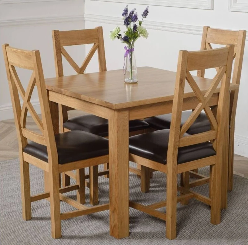 Image of Thats Furniture Oslo 90 x 90cm Oak Small Dining Table & 4 Berkeley Leather Chairs in Brown Brown Unisex 90 x 90 cm