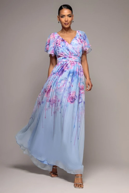 Image of Goddiva Womens Printed Silky Chiffon Flutter Sleeve Maxi Dress in Light Blue Size: 8 Light Blue Female 8