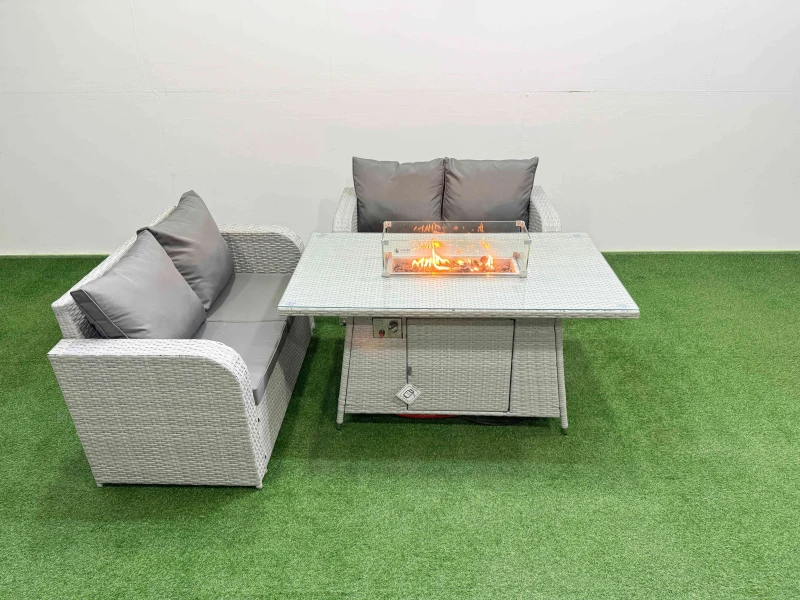Image of Fimous 4 Seater Outdoor Love Sofa Set Rattan Garden Furniture Set with Firepit Dining Table Light Grey Light Grey