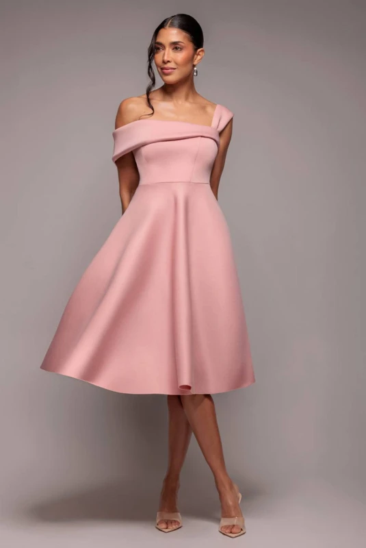 Image of Goddiva Womens One Shoulder A Line Midi Dress in Light Pink Size: 14 Light Pink Female 14