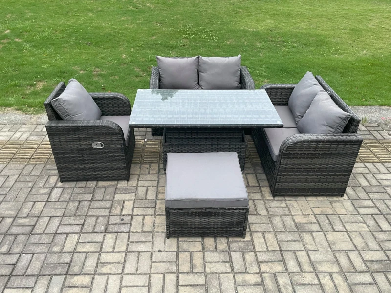 Image of Fimous Wicker PE Rattan Furniture Garden Dining Set Outdoor Height Adjustable Rising lifting Table Love Sofa Dark Grey