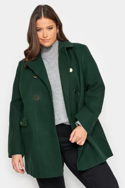 image of Yours Collared Double Breasted Formal Coat Green