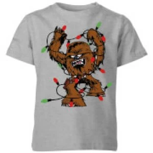Image of Star Wars Tangled Fairy Lights Chewbacca Kids Christmas T-Shirt - Grey - 11-12 Years