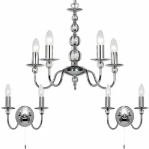 image of 5 Bulb Ceiling Pendant Lamp & 2x Matching Twin Wall Light Chrome & Clear Glass