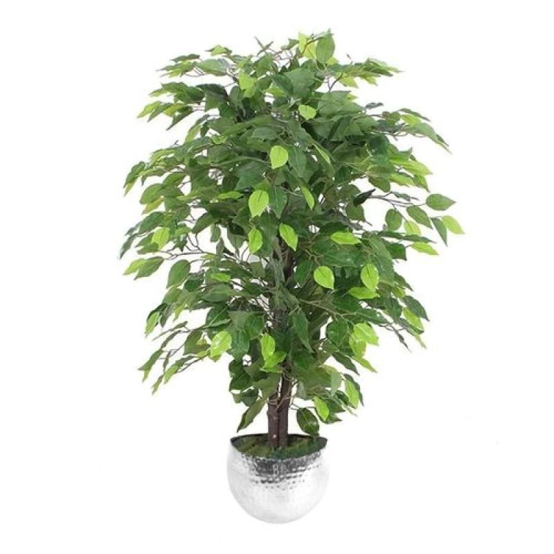 Image of Leaf 90cm Artificial Ficus Tree / Plant - Silver Metal Planter Green