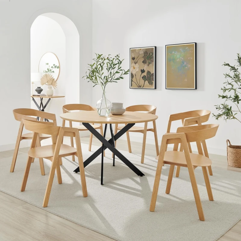 Image of FurnitureboxUK FurnitureboxUK Novara 120cm Oak Veneer Top Round Dining Table & 6 Oak Masa Chairs in Brown Brown One Size Unisex 5056784315484