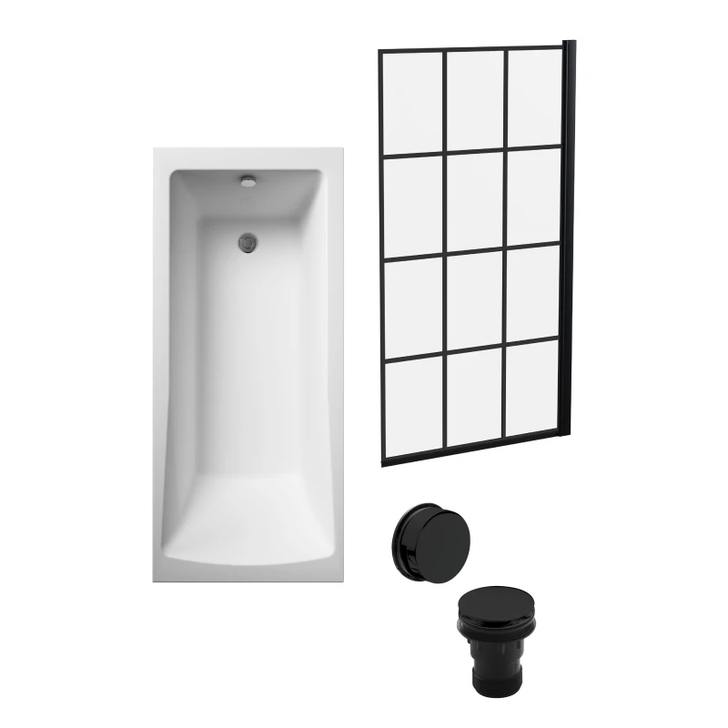 Image of Balterley Square Bath, Abstract Black Screen and Black Waste -1700x700mm Black