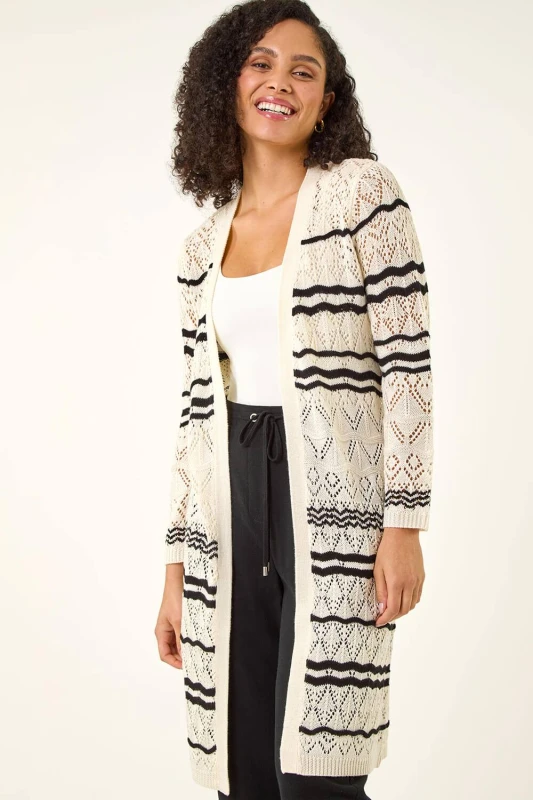 Image of Roman Womens Wave Stripe Longline Knit Cardigan in Ivory Size: 12 Ivory Female 12