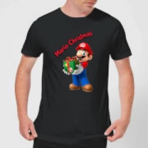 Image of Nintendo Super Mario Mario Present Merry Christmas Black T-Shirt - L - Black