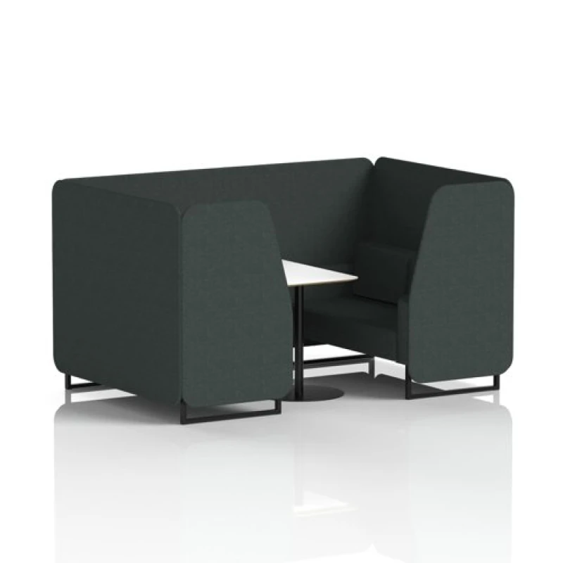 Image of Brixworth 4 Seater Office Booth with Front Panel - Black Legs and White Table with Black Leg in Rivet Fabric - Charcoal Panels and Sofa