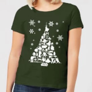 Image of Star Wars Character Christmas Tree Womens Christmas T-Shirt - Forest Green - L