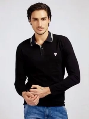 Image of Guess Guess Jeans Classic Tipped Jersey Long Sleeve Polo Shirt, Jet Black, Size L, Men