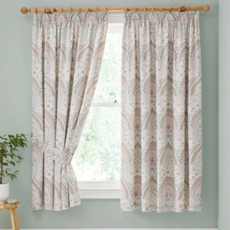 Image of Dreams & Drapes Palais Jacobean Damask Inspired Print Green Pencil Pleat Curtains With Tie-Backs