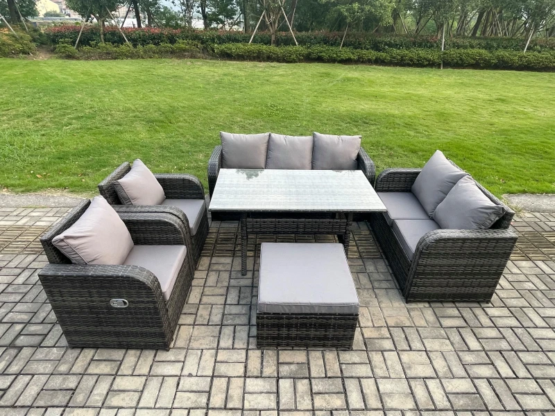 Image of Fimous Dark Grey PE Wicker Rattan Garden Furniture Set Reclining Chair Love Sofa 2 Seater Sofa Set Outdoor Rectangular Dining Table Big Stools Dark Gr