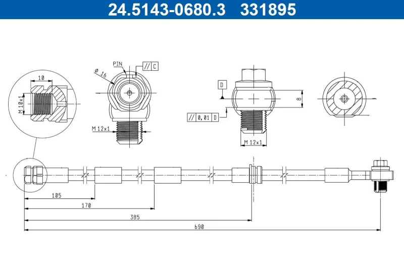 Image of ATE 24.5143-0680.3 Brake Hose with banjo bolt Brake Hose (83)