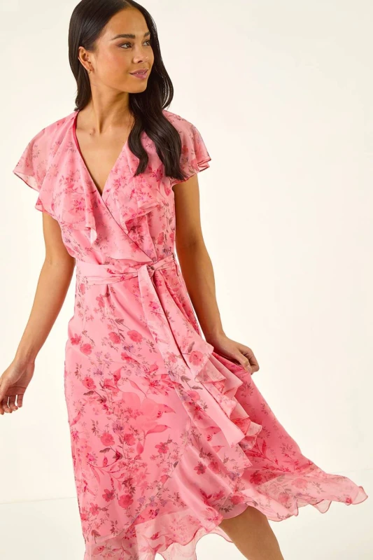 Image of Roman Womens Petite Frill Front Dress in Coral Size: 16 Coral Female 16