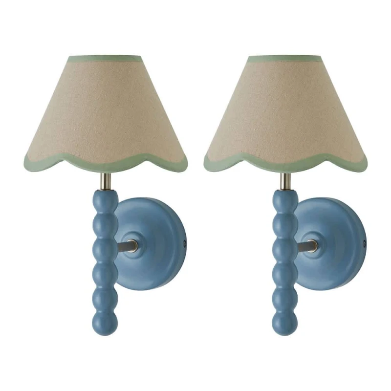 Image of ValueLights Bobbins Pair of Blue Wall Lights with Linen Trim Lamp Shades & Bulbs in Pale Green Pale Green Unisex