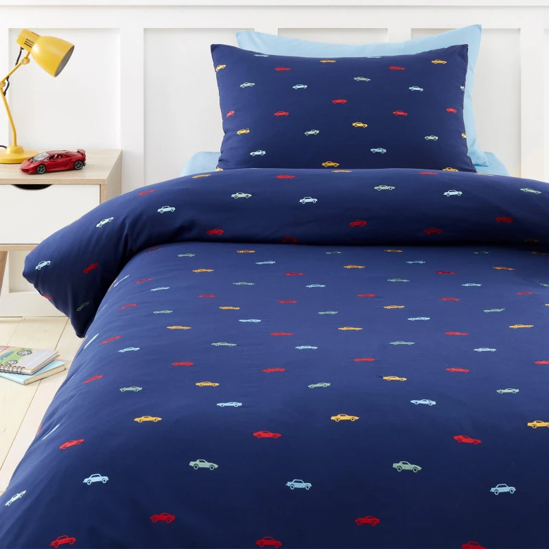 Image of Catherine Lansfield Cars Embroidered Duvet Cover and Pillowcase Set Blue