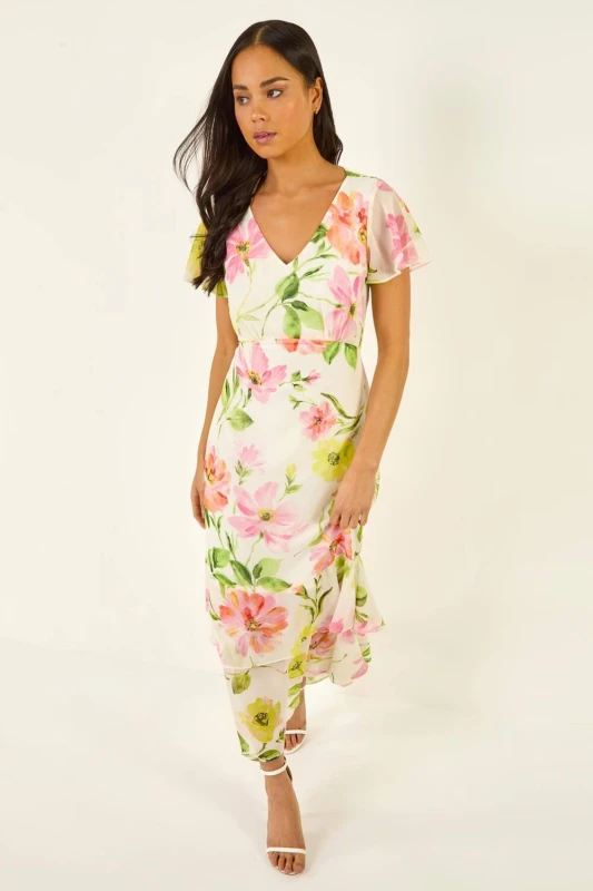 Image of Roman Womens Petite Floral V-Neck Frill Dress in Ivory Size: 14 Ivory Female 14