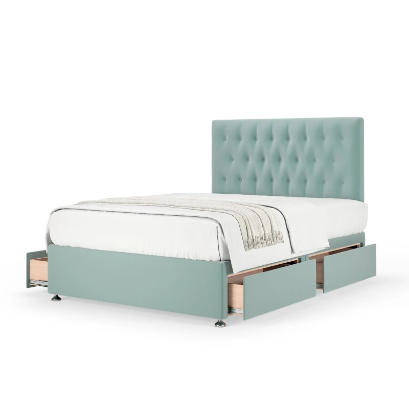 Image of Bedmaster Bedmaster Plush Velvet 4 Drawer Divan Base And Button Headboard in Duck Egg Blue Size: Super King Duck Egg Blue Super King Unisex 78678709