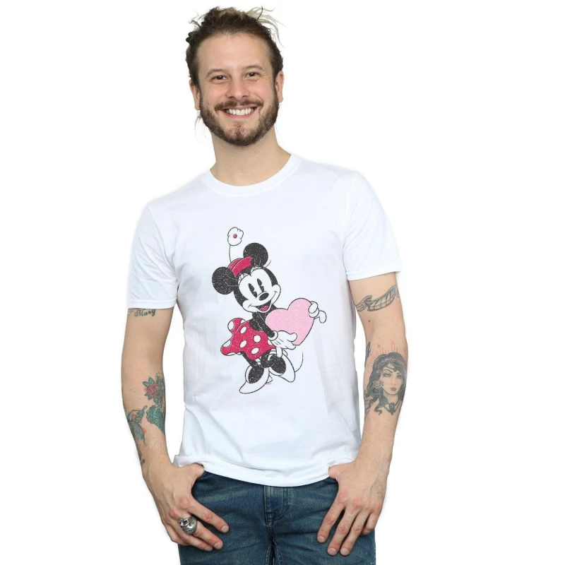 Image of Disney Men Minnie Mouse Love Heart T-Shirt in White Size: Small White S Male 5059114432448