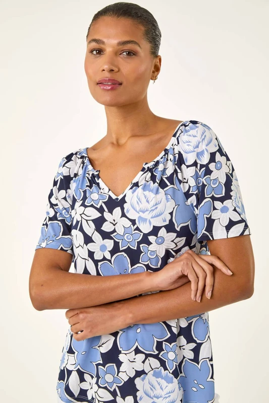 Image of Roman Womens Floral Puff Print V-Neck Top in Blue Size: 18 Blue Female 18