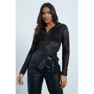 image of I Saw It First Black Lace Button Front Shirt - Black