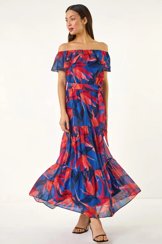 Image of Roman Womens Floral Print Bardot Belted Maxi Dress in Navy Size: 10 Navy Female 10