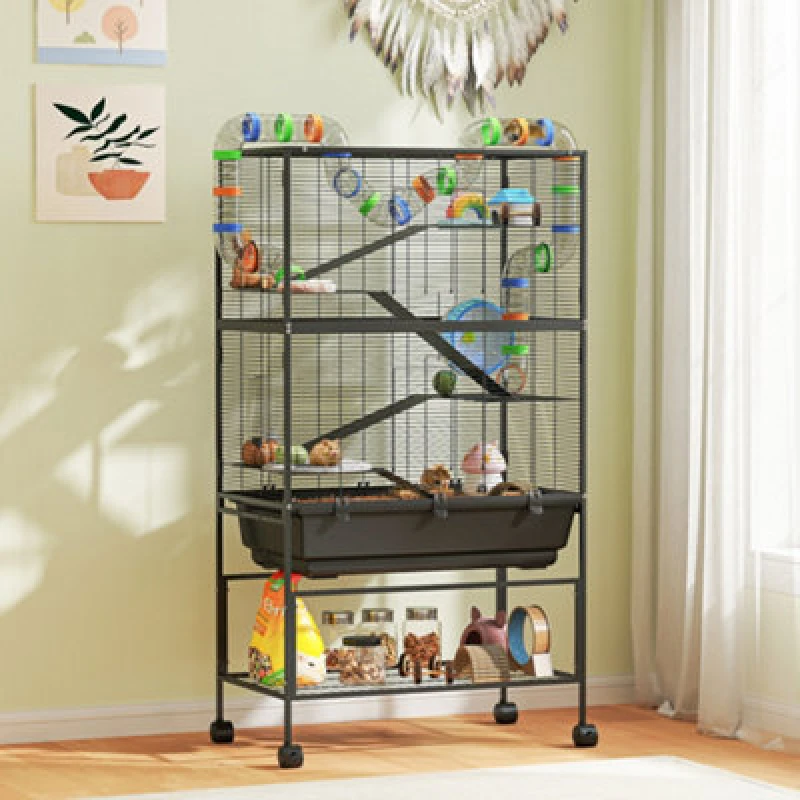 Image of PawHut Hamster Cage, 5 Tier Large Gerbil Cage on Wheels with 17cm Deep Tray, Black D51-489V01BK