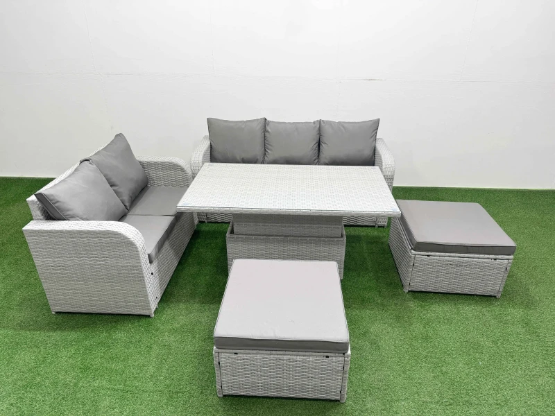 Image of Fimous 7 Seater PE Rattan Wicker Garden Furniture Patio Conservatory Sofa Set with Adjustable Lifting Dining Table 2 Big Footstool