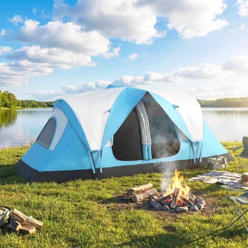 Image of OUTSUNNY 2 Room Camping Tent with Waterproof Rainfly & Screen Panels, Blue Blue Unisex