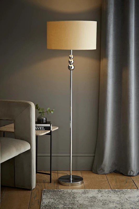 Image of ValueLights Marissa Fabric Drum Shade with Chrome Stacked Ball Floor Lamp Nude