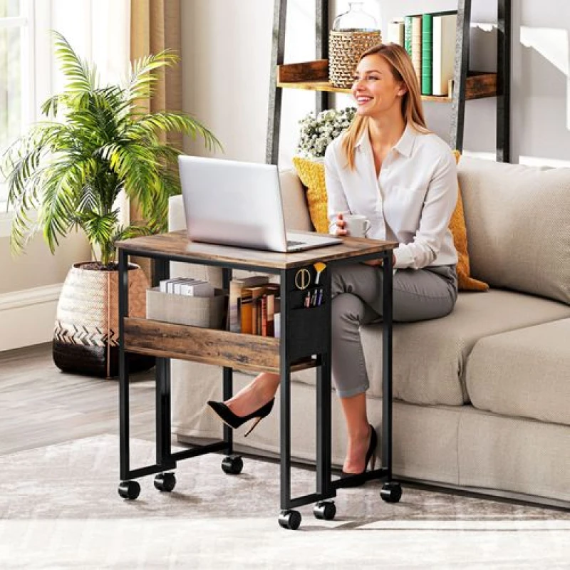 Image of HOMCOM HOMCOM 63cm Foldable Computer Desk on Wheels for Small Spaces Rustic Brown Brown Small Unisex 5063603260276