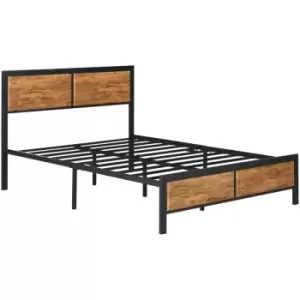 image of HOMCOM Double Size Bed Frame Steel Bed Base with Headboard 147 x 197cm Brown - Rustic Brown