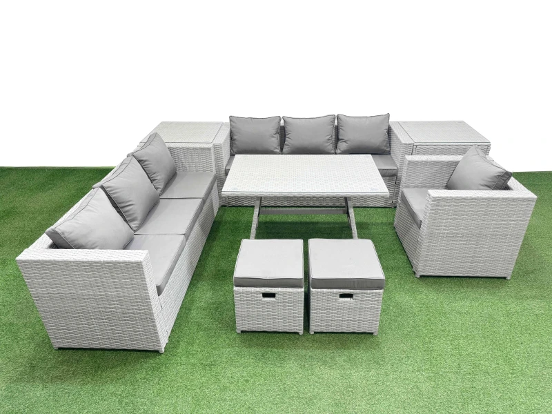 Image of Fimous 9-seater Patio 3 Seater Sofa Armchair Set with 2 Side Tables 2 Stools in Light Grey Light Grey Unisex