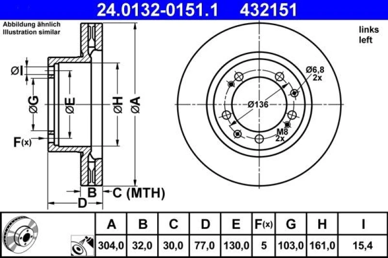 Image of ATE 24.0132-0151.1 Brake disc Vented, Coated, Alloyed/High-carbon Brake Disc (82)